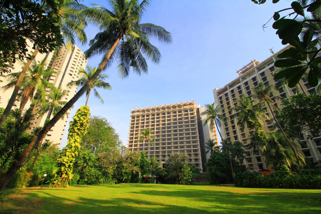 Greeny grass garden with coconut trees at sultan hotel