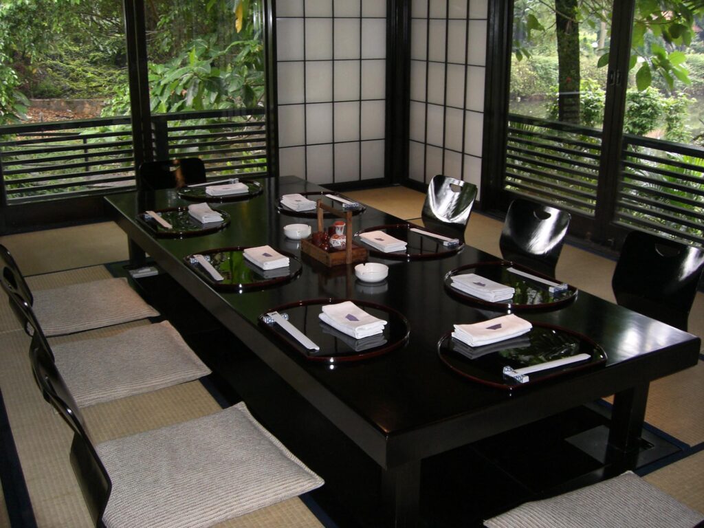 Black tatami table for 8 person in the nippon kan restaurant at the sultan hotel